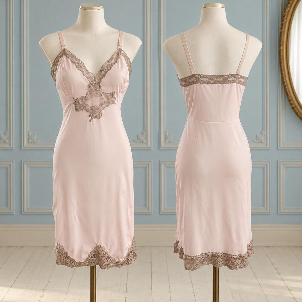 Vintage Youth Form 1960s Pink Full Slip Taupe Lace Bodice and Hem Size 34